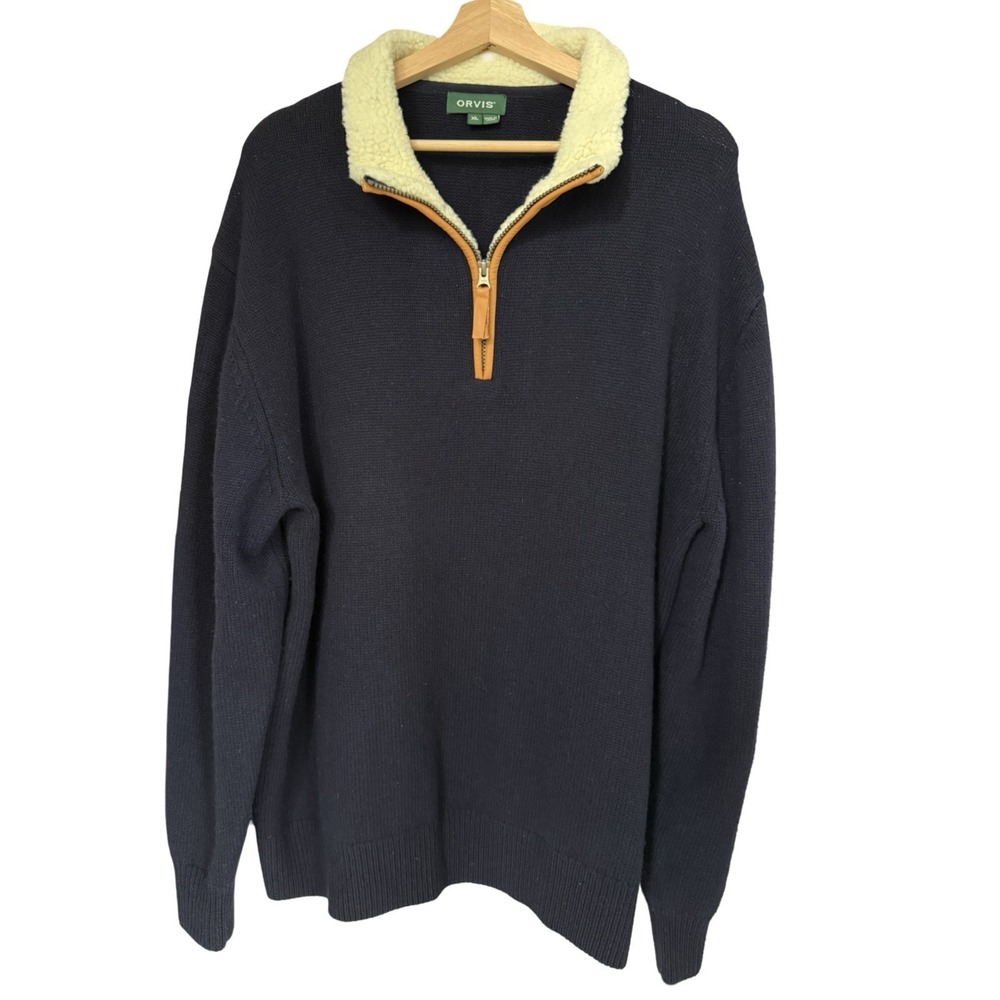 Vintage ORVIS Mens Lambswool Leather 1/4 Zip Sweater Navy Blue Pullover Size XL